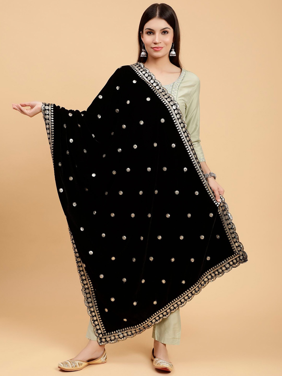

Moda Chales Ethnic Motif Embroidered Velvet Dupatta with Sequinned, Black