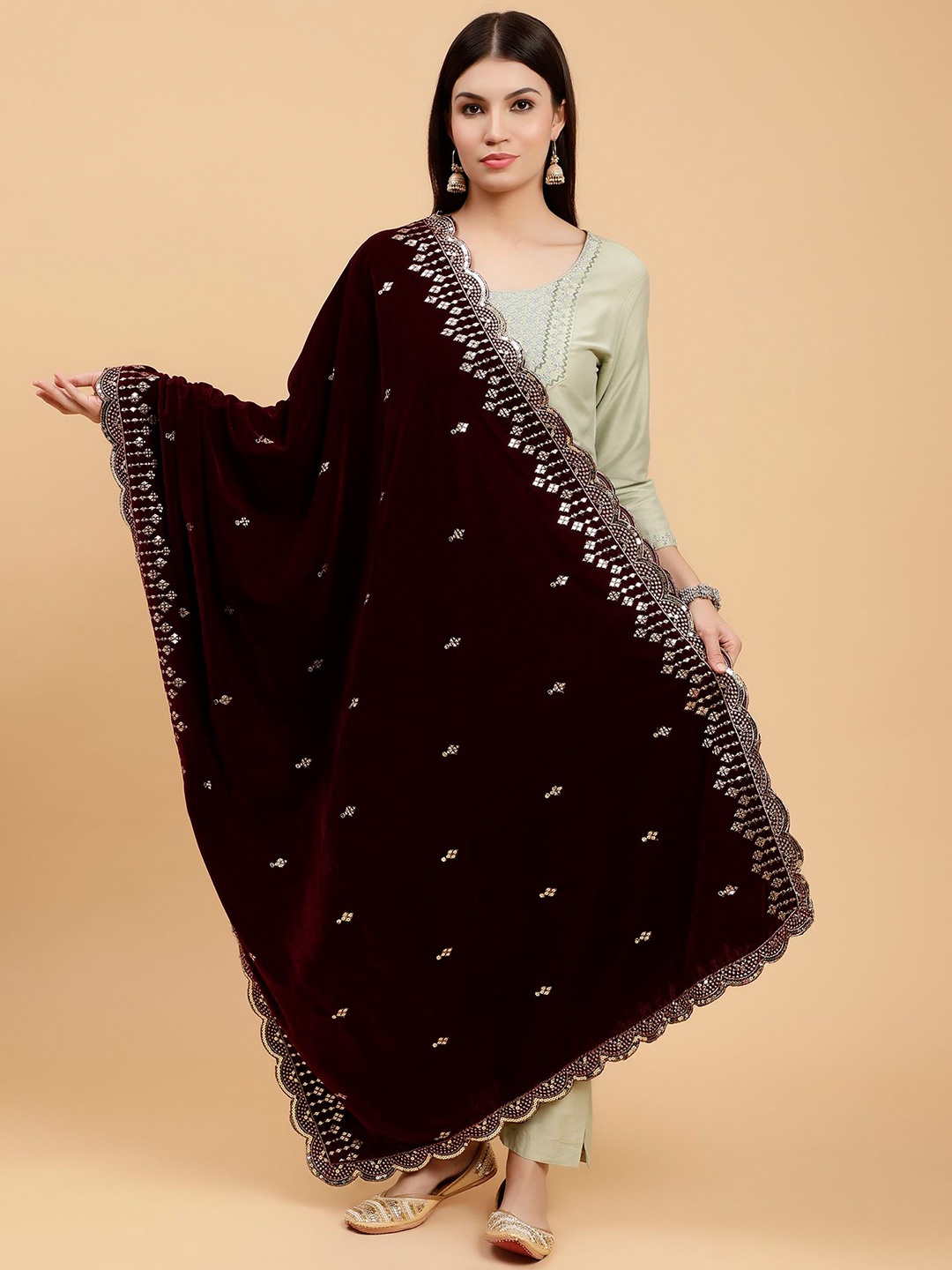 

Moda Chales Ethnic Motifs Embroidered Velvet Dupatta With Sequinned, Burgundy