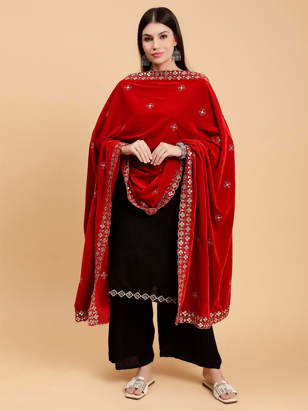 

Moda Chales Floral Embroidered Mirror Work Velvet Dupatta, Red