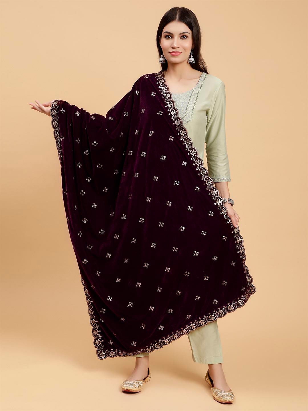 

Moda Chales Ethnic Motif Embroidered Velvet Dupatta with Sequinned, Burgundy