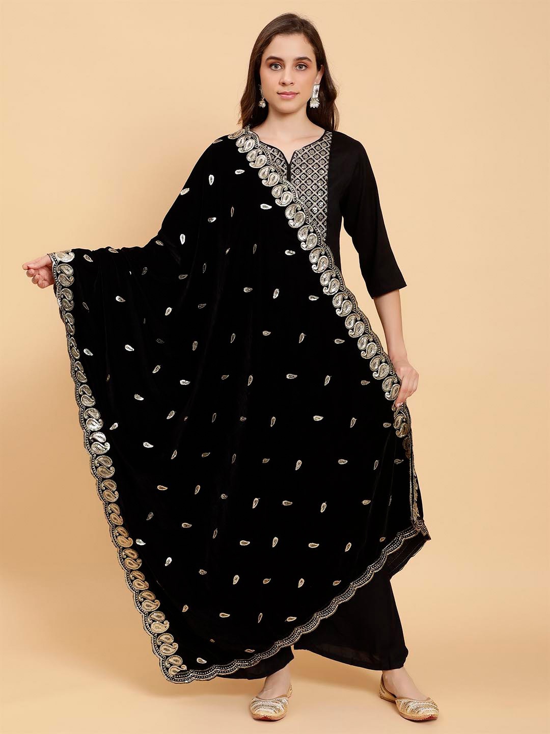 

Moda Chales Floral Embroidered Sequinned Velvet Dupatta, Black
