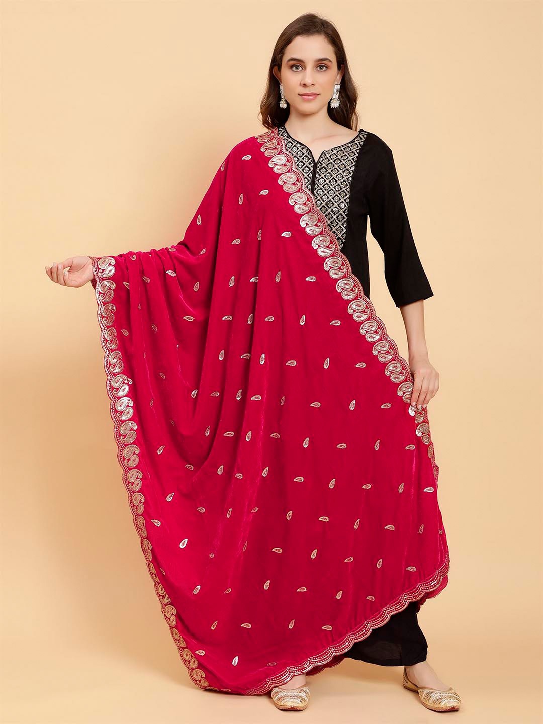 

Moda Chales Embroidered Sequinned Velvet Dupatta, Magenta