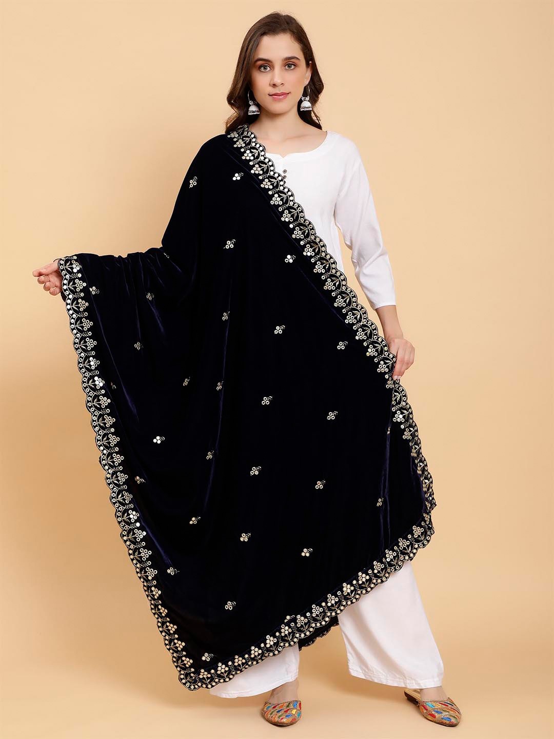 

Moda Chales Floral Embroidered Mirror Work Velvet Dupatta, Navy blue