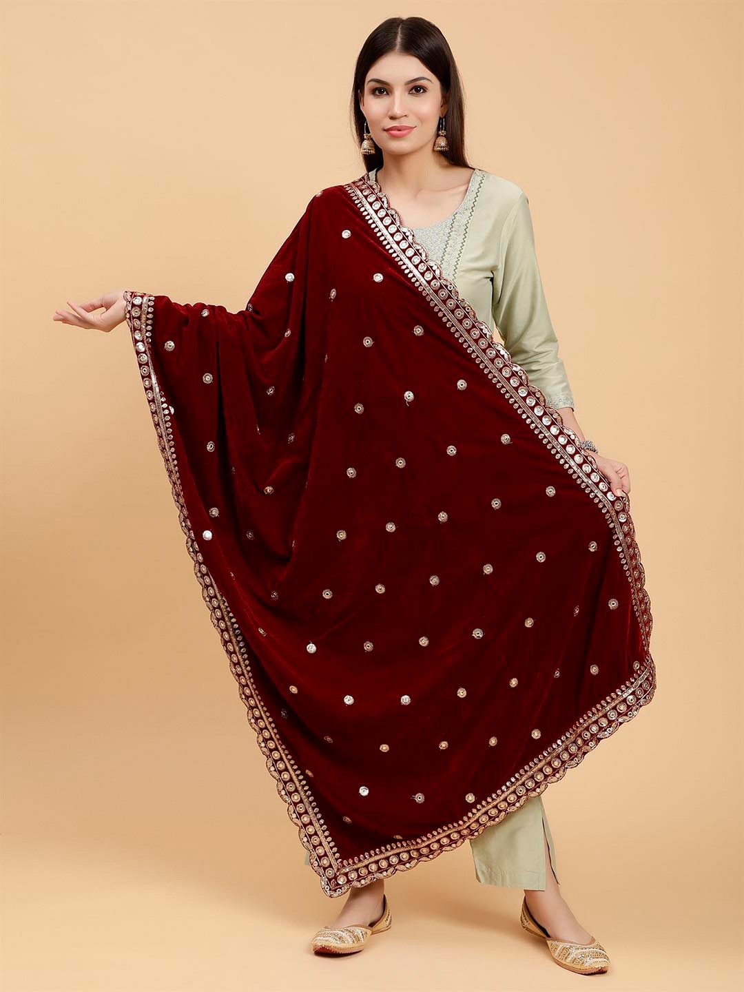 

Moda Chales Maroon Embroidered Velvet Dupatta with Sequinned