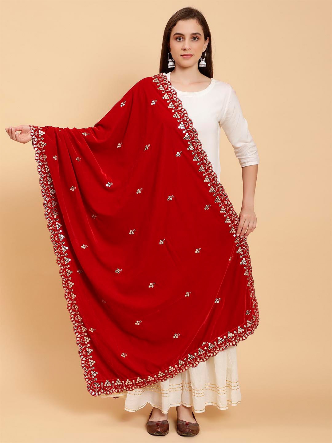 

Moda Chales Embroidered Sequined Velvet Dupatta, Red