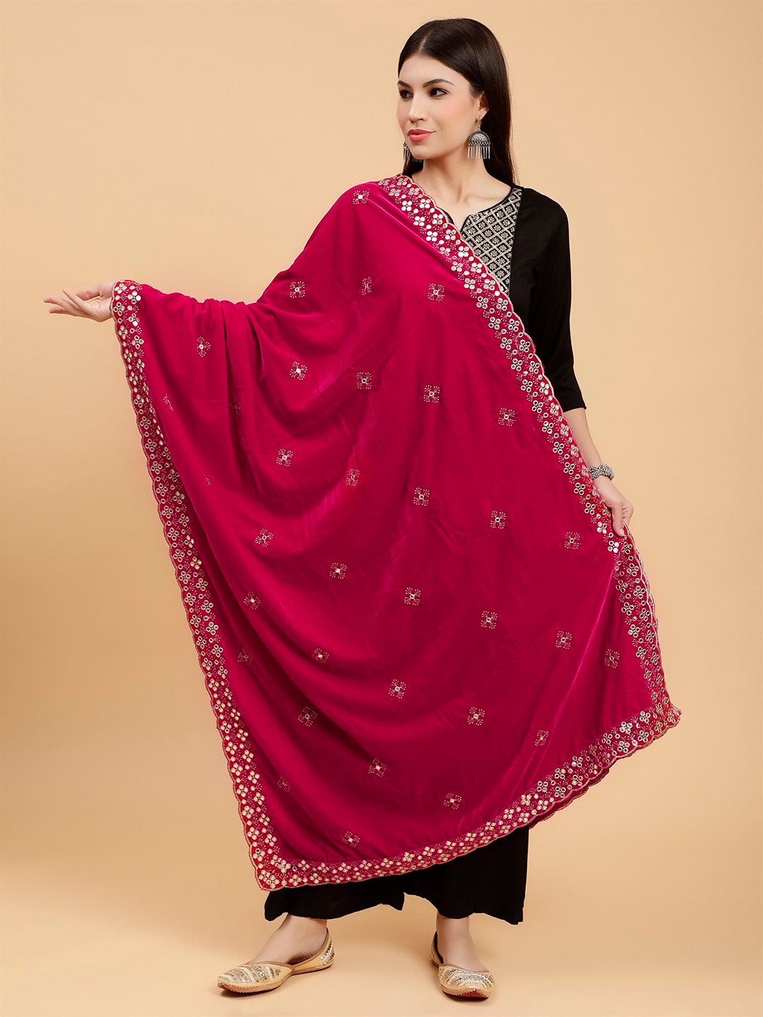 

Moda Chales Floral Embroidered Mirror Work Velvet Dupatta, Magenta