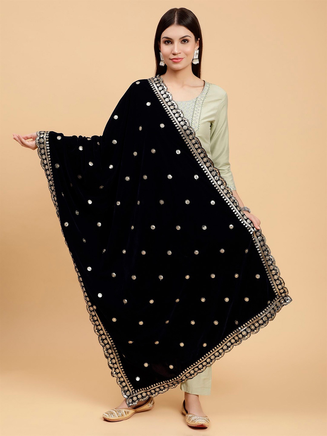 

Moda Chales Floral Embroidered Sequined Velvet Dupatta, Navy blue