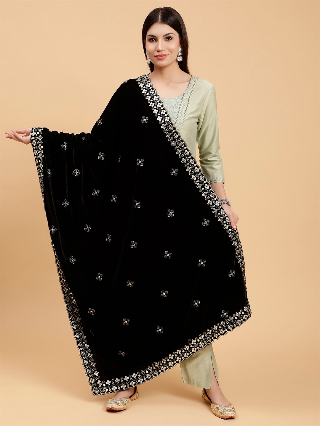 

Moda Chales Embroidered Sequinned Velvet Dupatta, Black