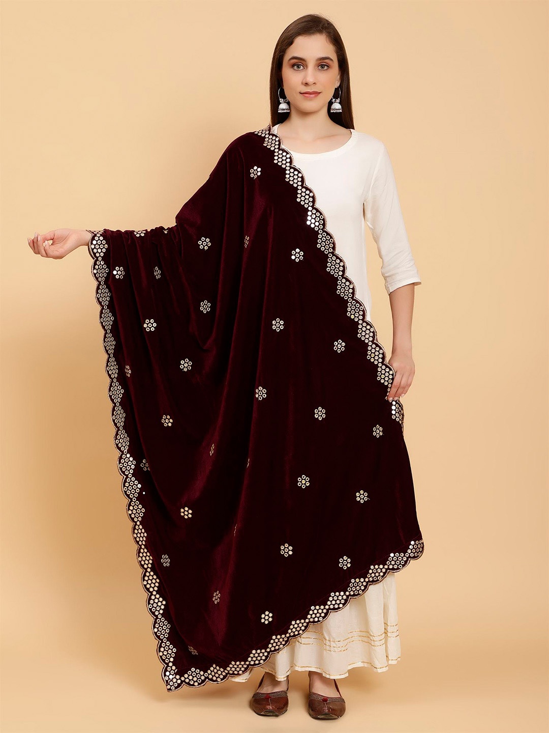 

Moda Chales Ethnic Motifs Embroidered Velvet Dupatta With Sequinned, Burgundy