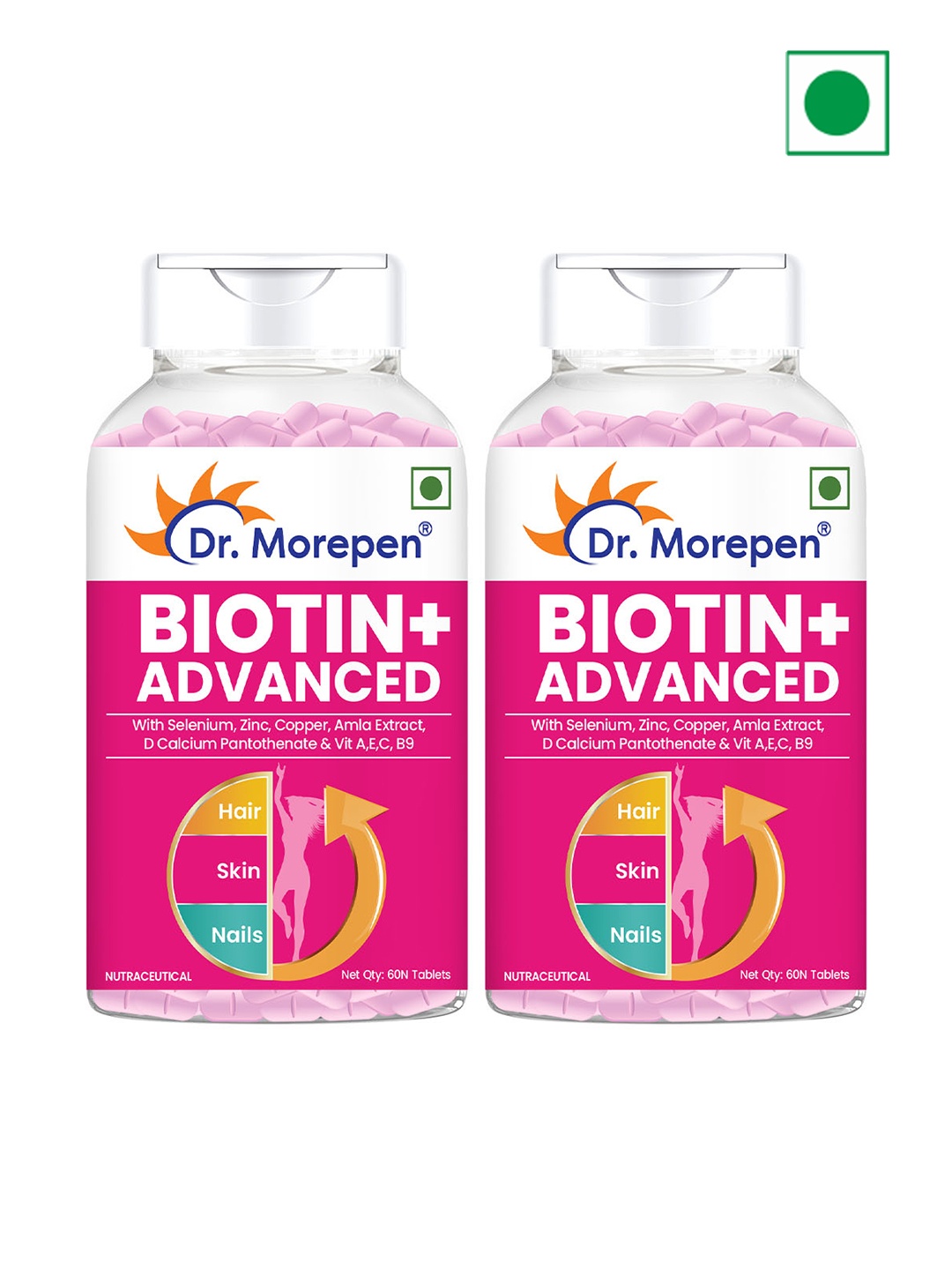 

Dr. Morepen Set of 2 Biotin+ Advanced Tablets - 60 Tablets Each, Pink