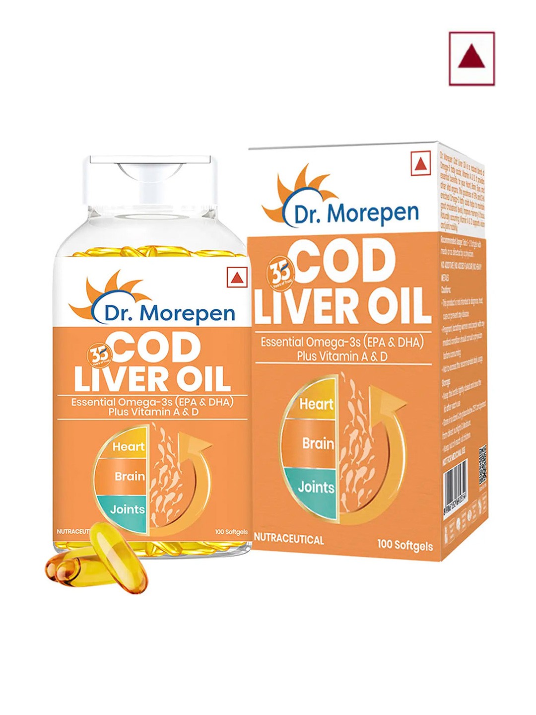 

Dr. Morepen Cod Liver Oil with Natural Omega 3, Vitamin A & D - 100 Softgels, Orange