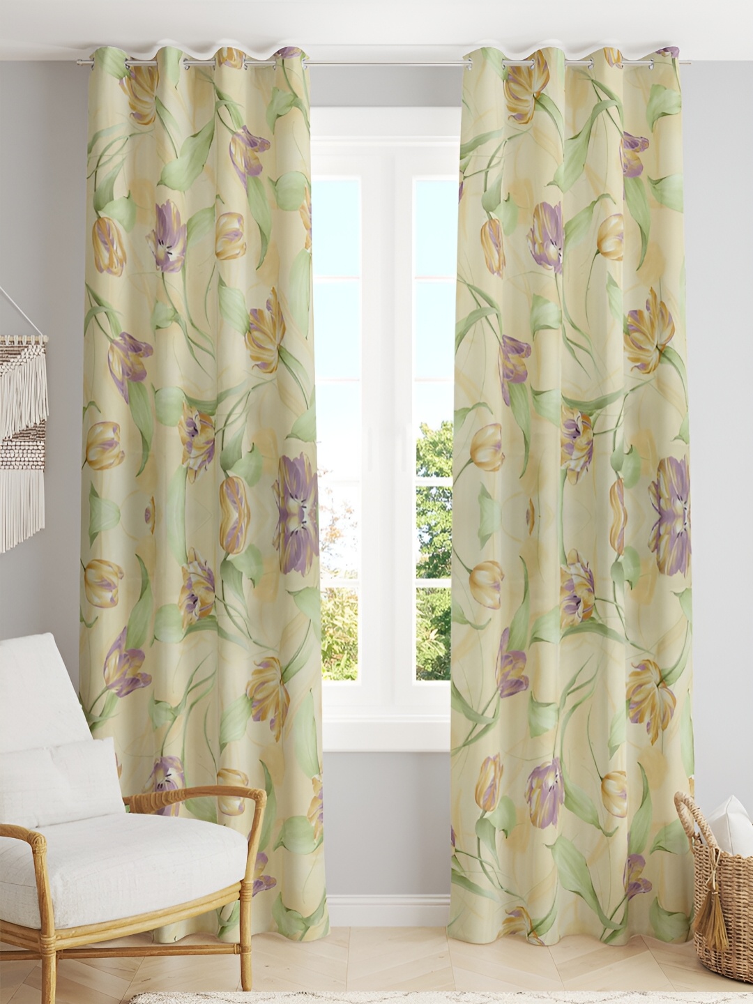 

Tesmare Yellow & Purple Floral Satin Door Curtain