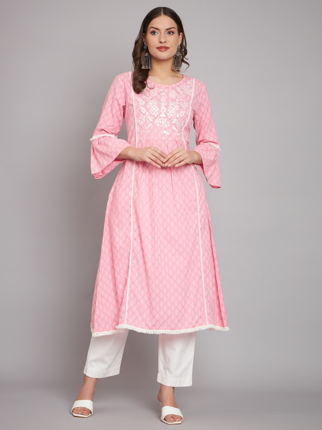 

RANGMAYEE Floral Yoke Design Mirror Work Pure Cotton A Line Kurta, Pink