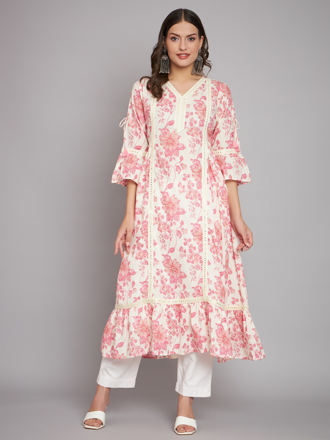 

RANGMAYEE Floral Printed Pure Cotton A Line Kurta, White