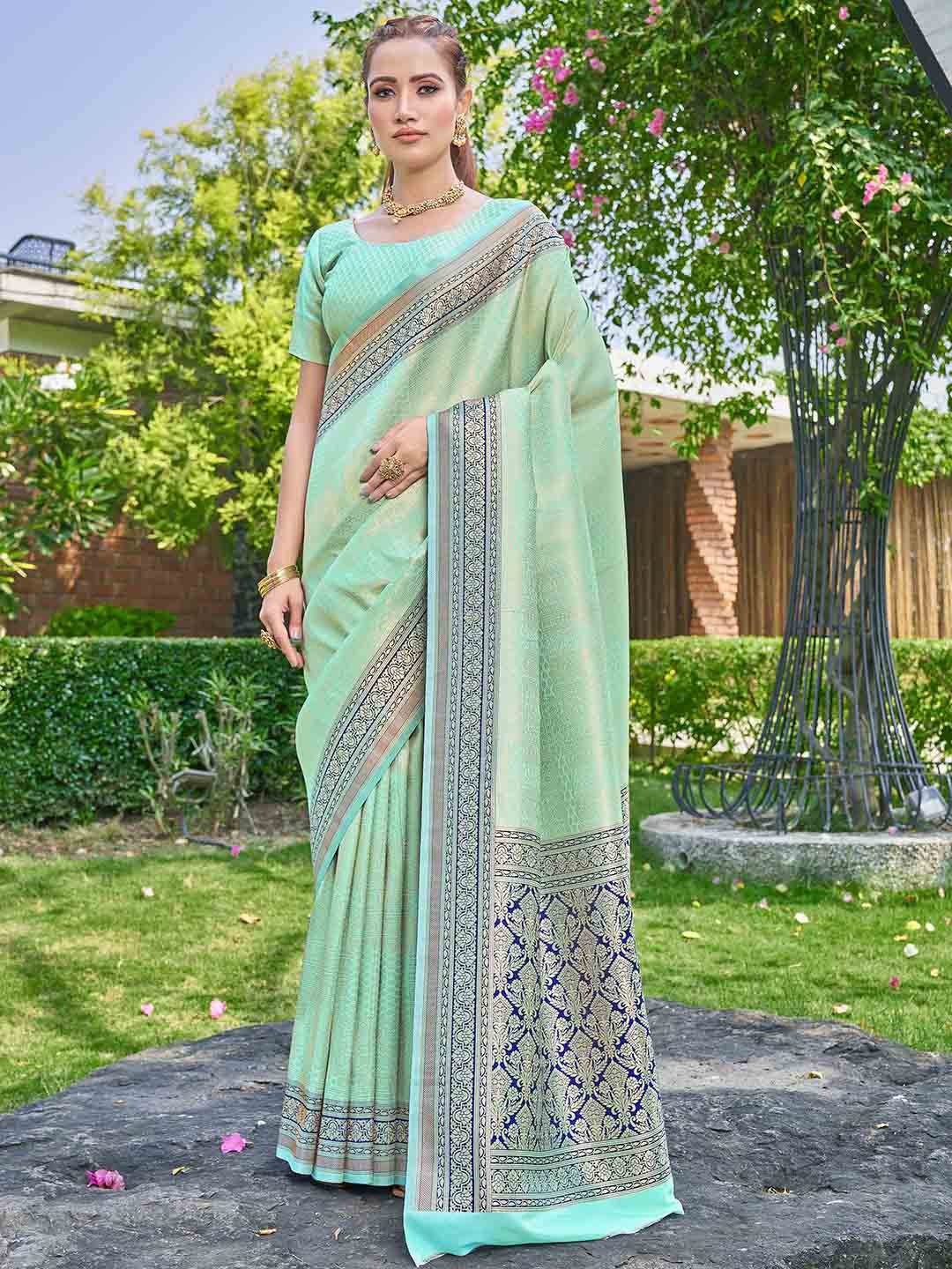 

Ariya Prints Ethnic Motifs Woven Design Zari Banarasi Saree, Sea green