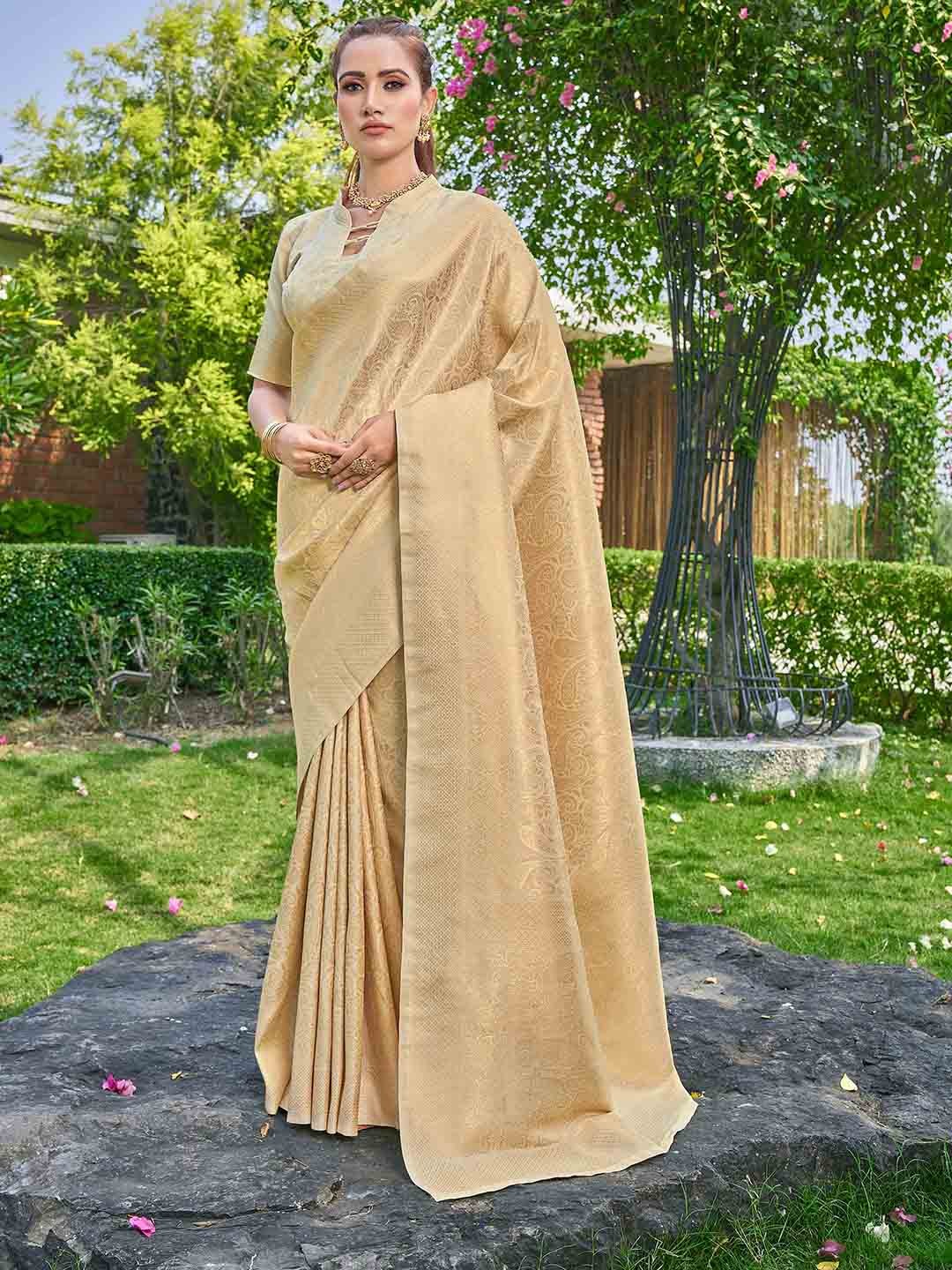 

Ariya Prints Ethnic Motifs Woven Design Zari Banarasi Saree, Gold