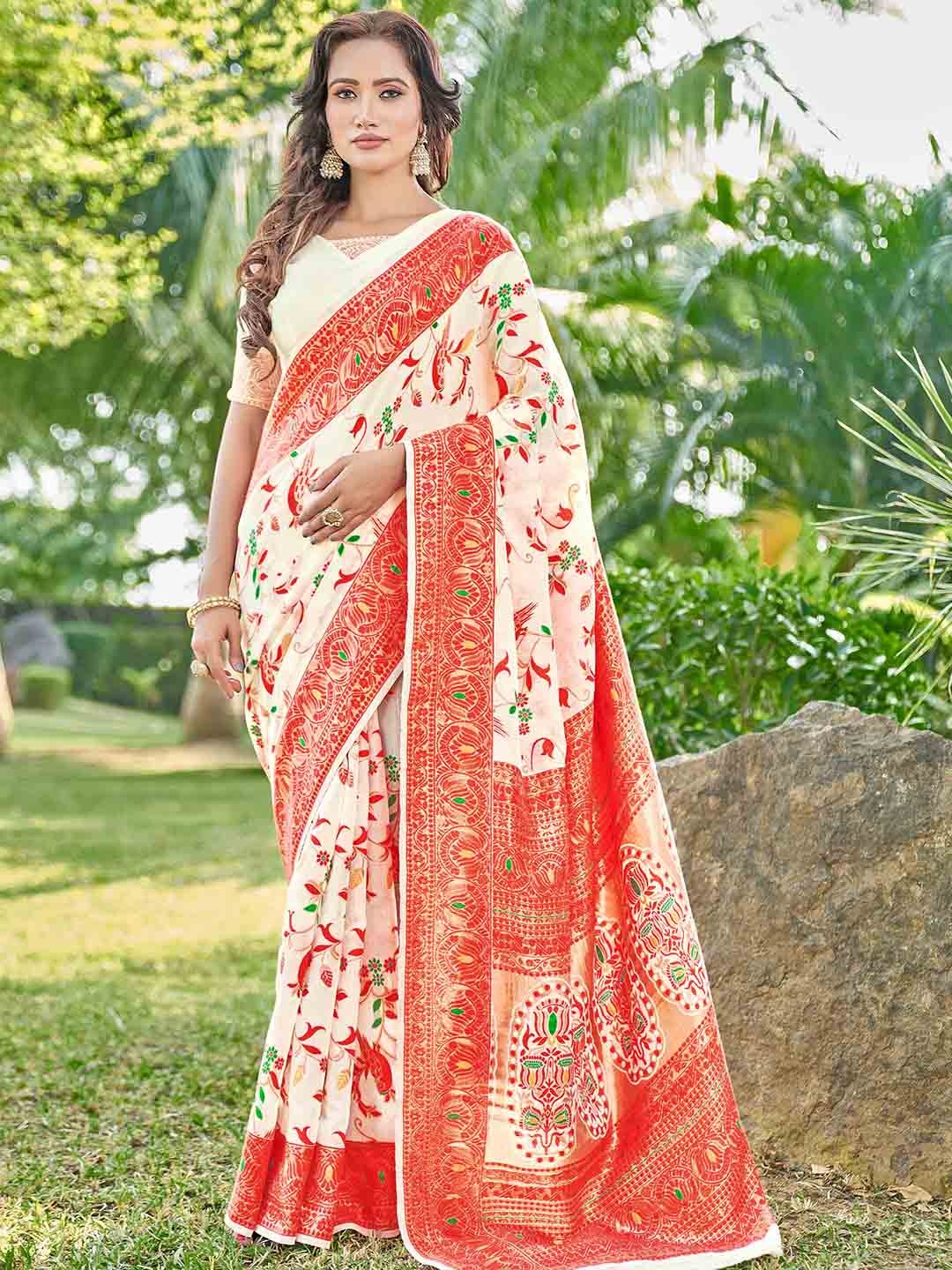 

Ariya Prints Ethnic Motifs Woven Design Zari Banarasi Saree, Cream