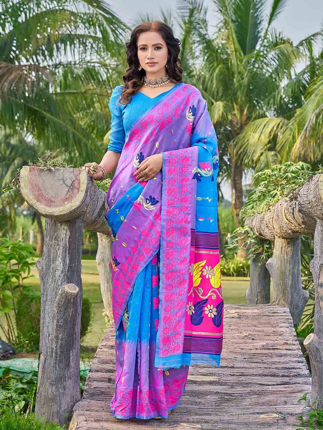 

Ariya Prints Floral Printed Zari Silk Cotton Saree, Blue
