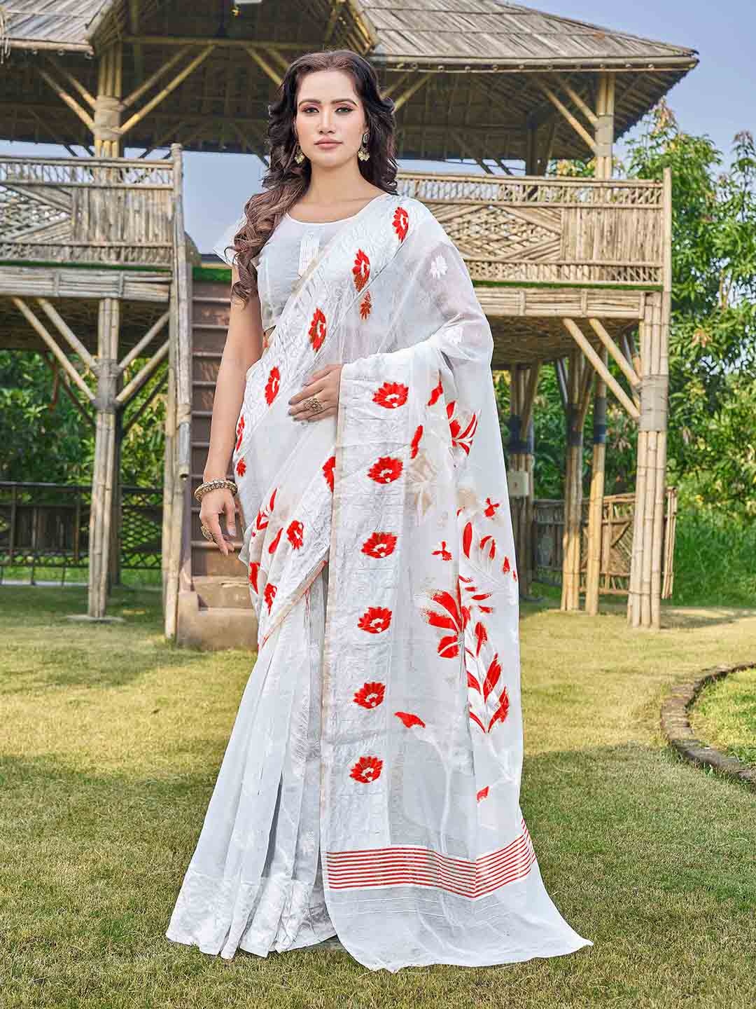 

Ariya Prints Floral Woven Design Zari Silk Cotton Jamdani Saree, White