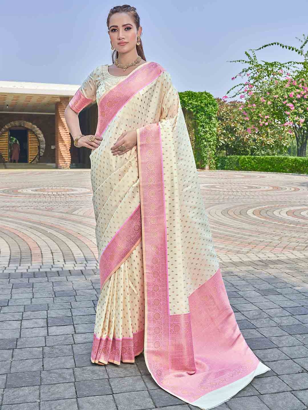 

Ariya Prints Ethnic Motifs Woven Design Zari Banarasi Saree, Pink