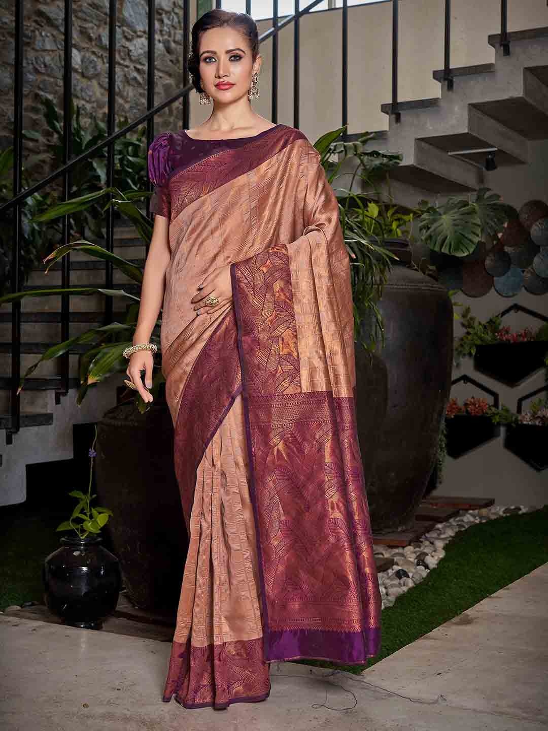 

Ariya Prints Ethnic Motif Woven Design Zari Kanjeevaram Saree, Peach