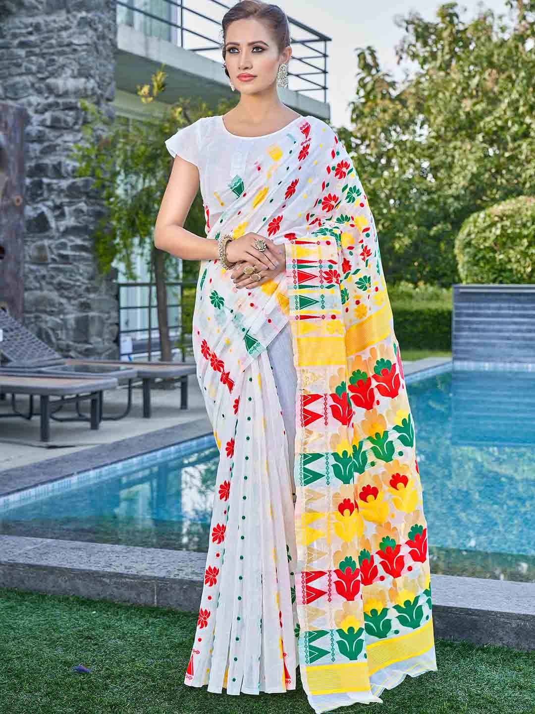 

Ariya Prints Floral Woven Design Linen Jamdani Saree, White