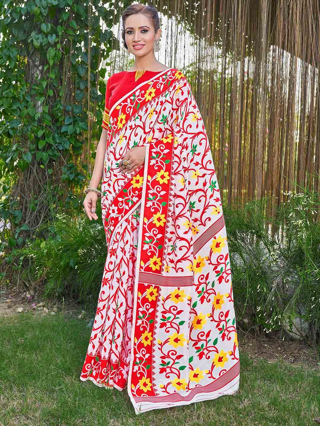 

Ariya Prints Floral Woven Design Silk Cotton Zari Jamdani Saree, White