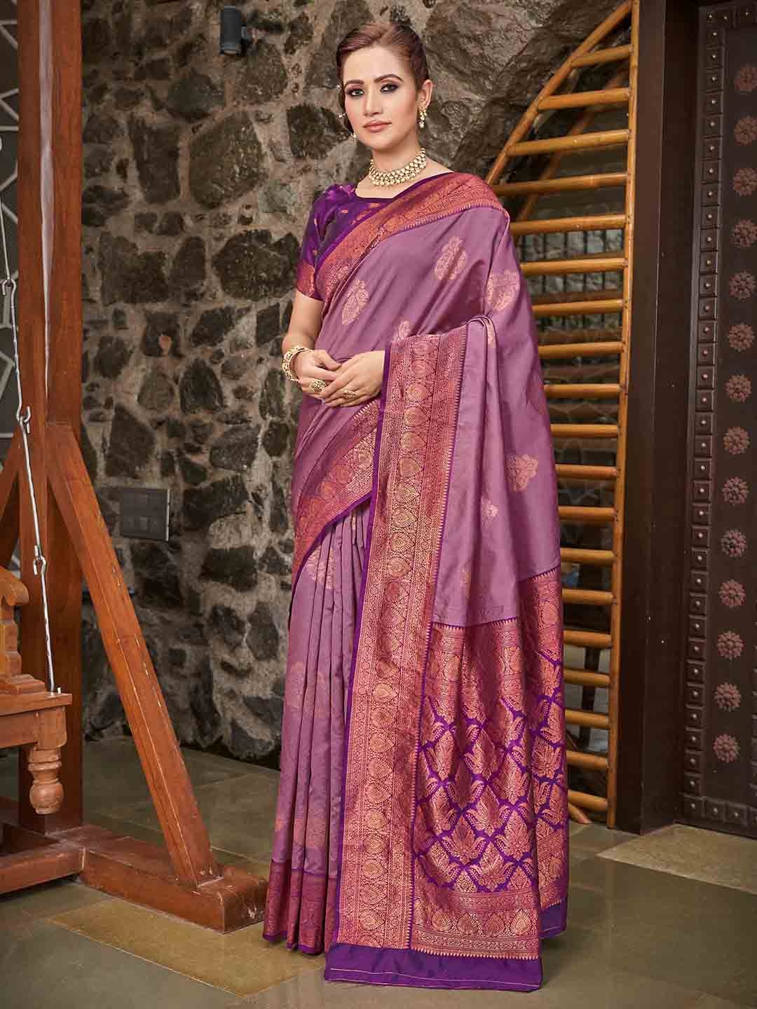 

Ariya Prints Ethnic Motifs Woven Design Zari Kanjeevaram Saree, Purple