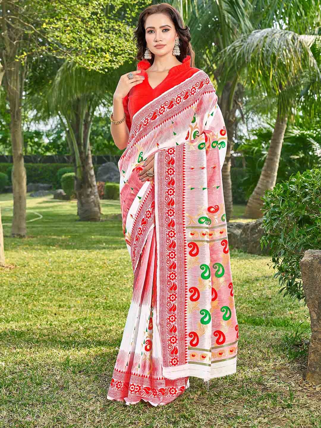 

Ariya Prints Paisley Woven Design Zari Silk Cotton Jamdani Saree, White