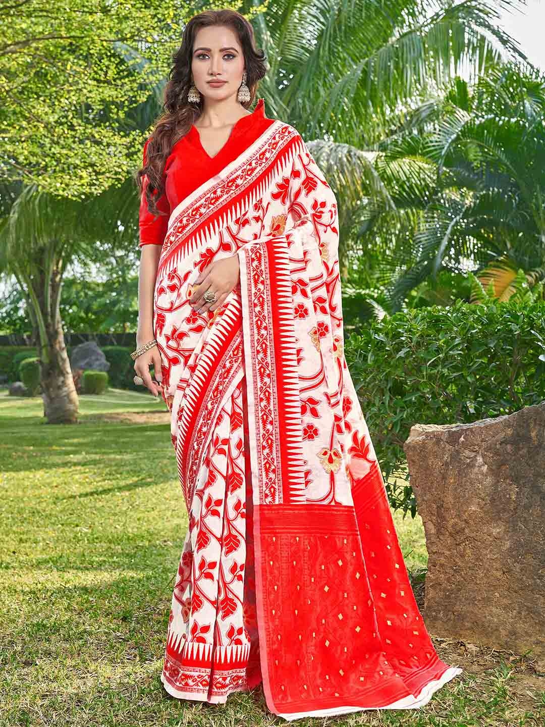 

Ariya Prints Floral Printed Zari Silk Cotton Jamdani Saree, Red