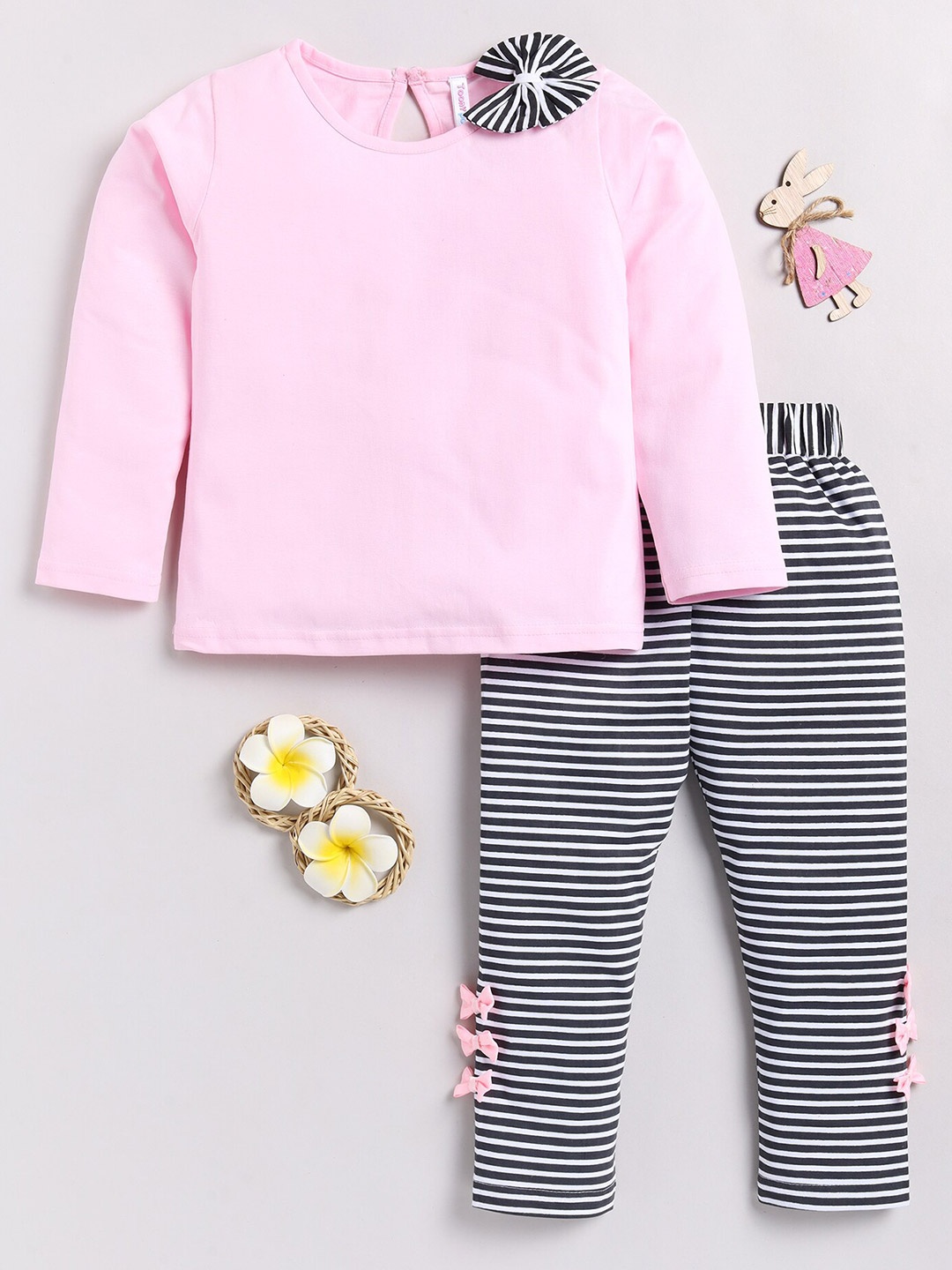

Toonyport Girls Pure Cotton Top with Striped Trousers, Pink