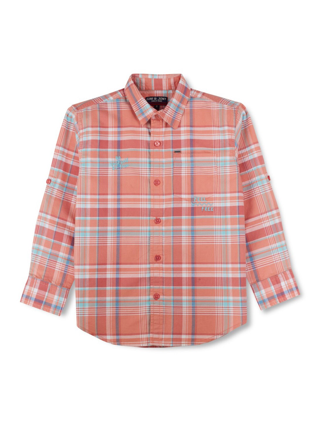 

Gini and Jony Boys Tartan Checks Roll-Up Sleeves Cotton Casual Shirt, Peach