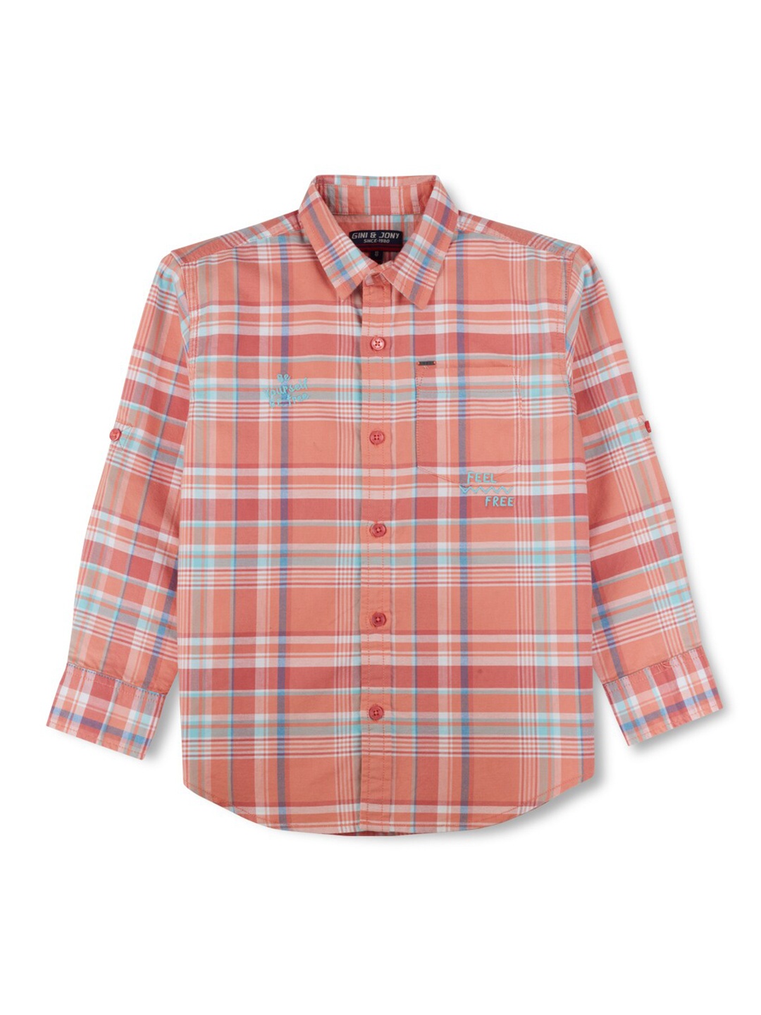 

Gini and Jony Boys Tartan Checked Cotton Shirt, Peach