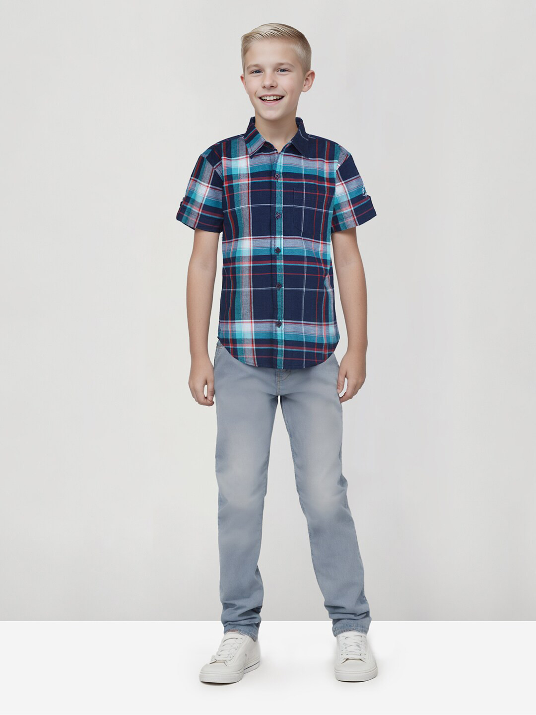 

Gini and Jony Boys Tartan Checked Cotton Casual Shirt, Blue