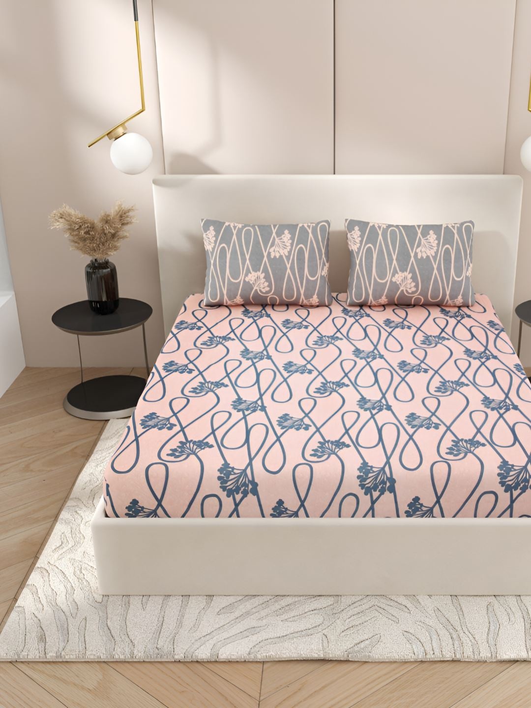 

Jinaya's Peach & Grey Floral Cotton 300 TC King Bedsheet with 2 Pillow Covers