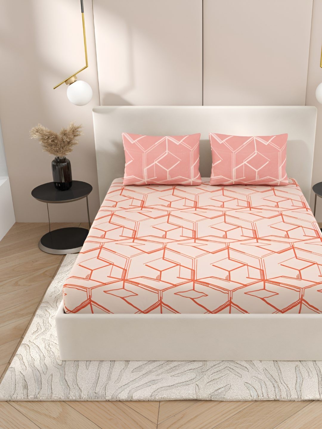 

Jinaya's Cosmos Peach Geometric 300 TC Cotton King Bedsheet with 2 Pillow Covers