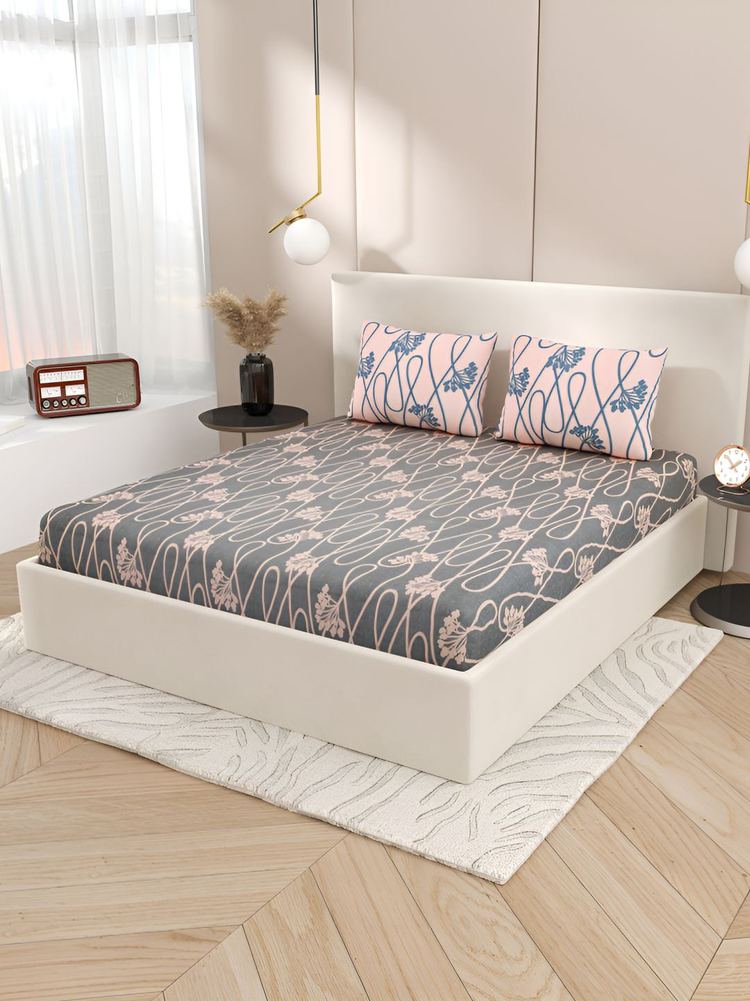 

Jinaya's Cosmos Grey & Peach Floral 300 TC Cotton King Bedsheet with 2 Pillow Covers