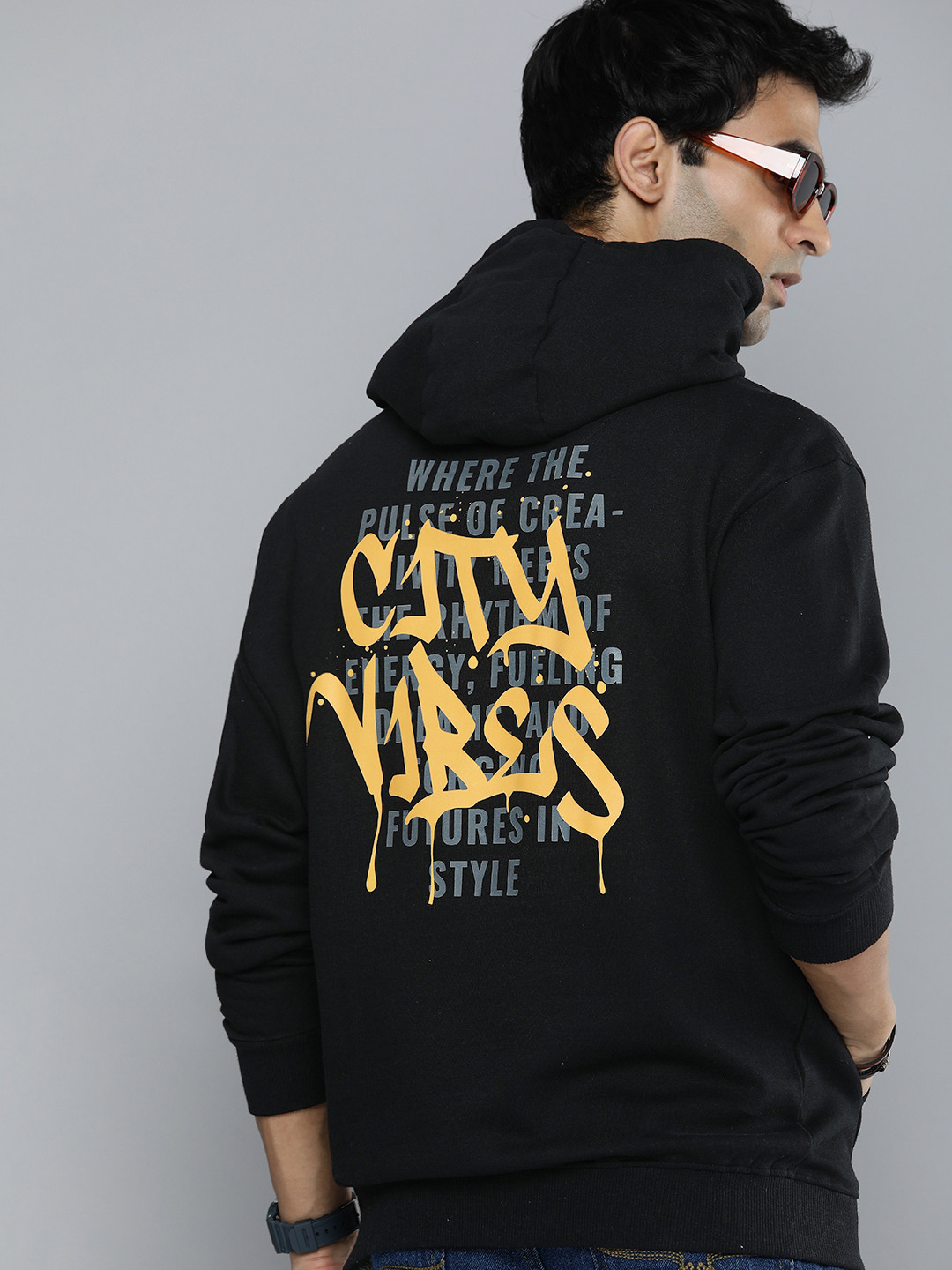 

R.Code by The Roadster Life Co. Men Typography Printed Hooded Sweatshirt, Black