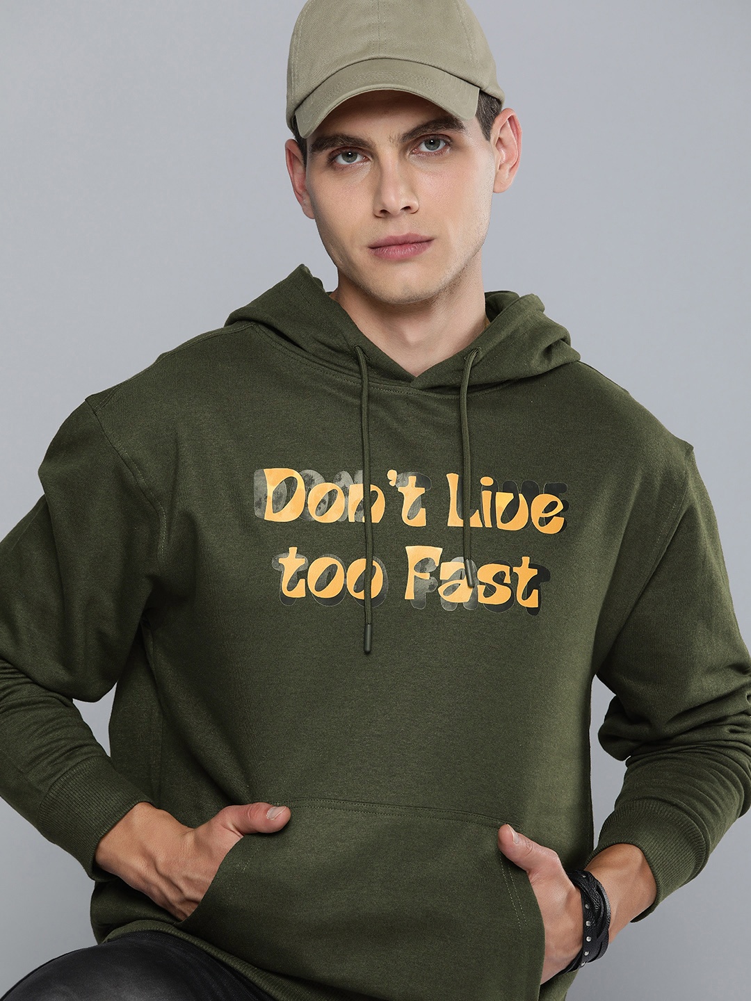 

R.Code by The Roadster Life Co. Men Typography Printed Hooded Sweatshirt, Olive