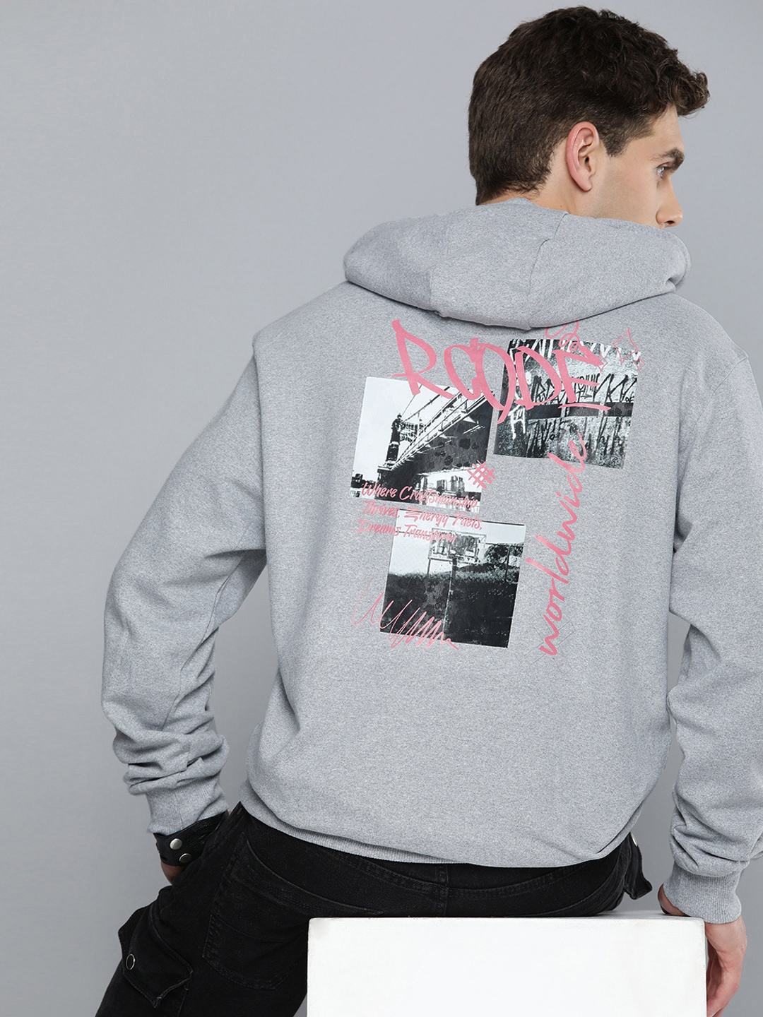 

R.Code by The Roadster Life Co. Men Graphic Printed Hooded Sweatshirt, Grey melange