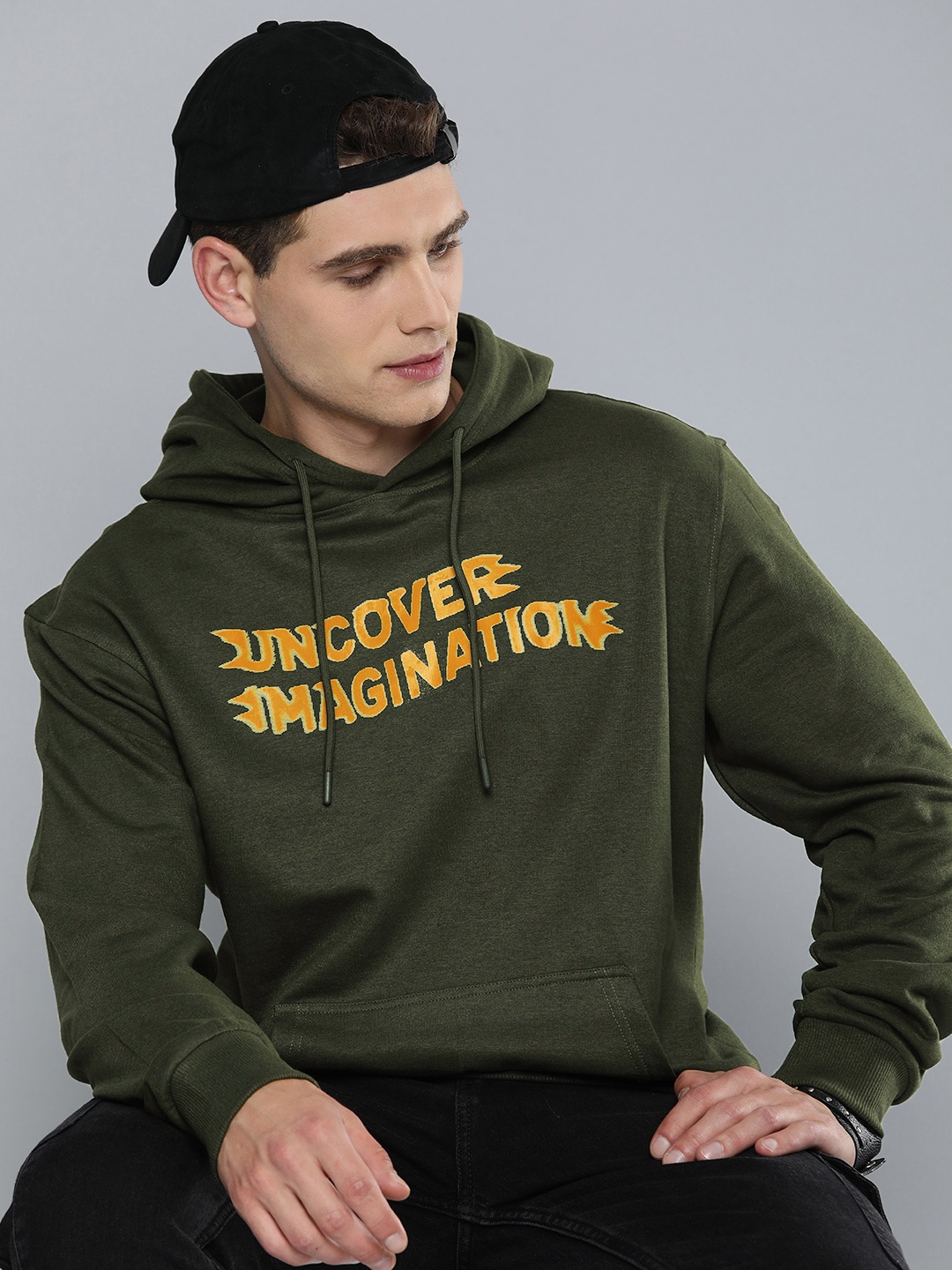 

R.Code by The Roadster Life Co. Men Typography Printed Hooded Sweatshirt, Olive