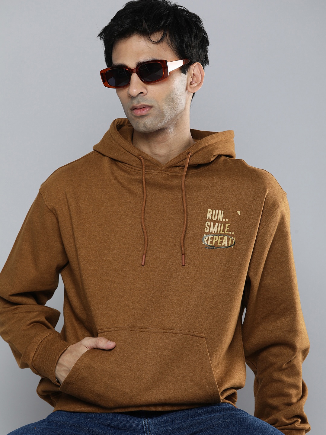 

R.Code by The Roadster Life Co. Men Typography Printed Hooded Sweatshirt, Mustard