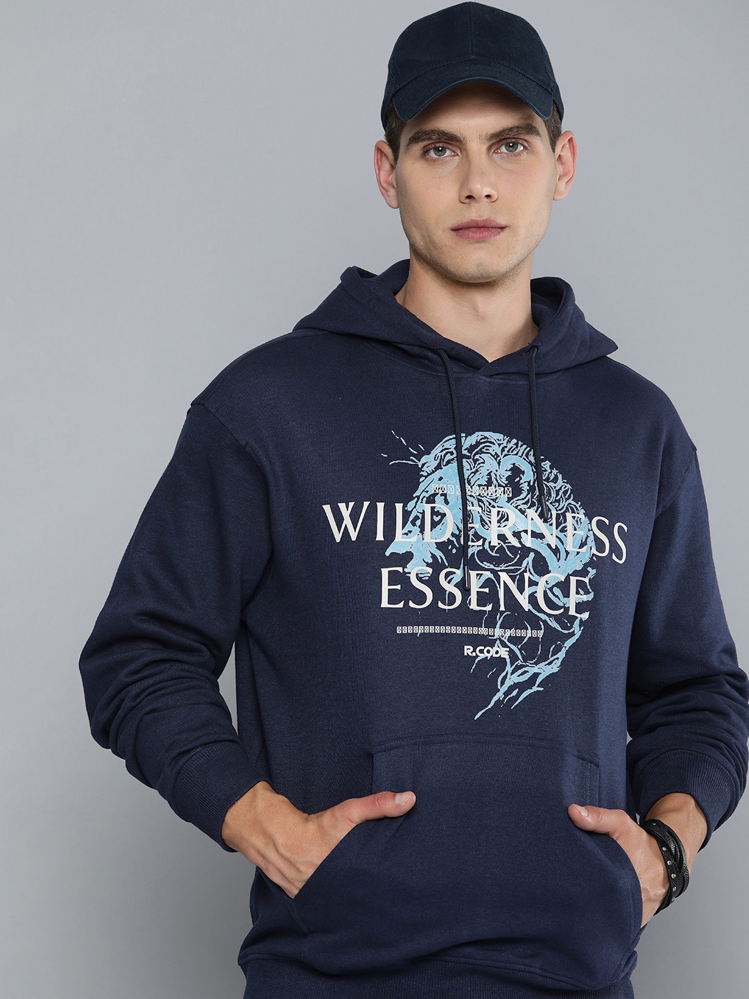 

R.Code by The Roadster Life Co. Men Graphic Printed Hooded Sweatshirt, Navy blue
