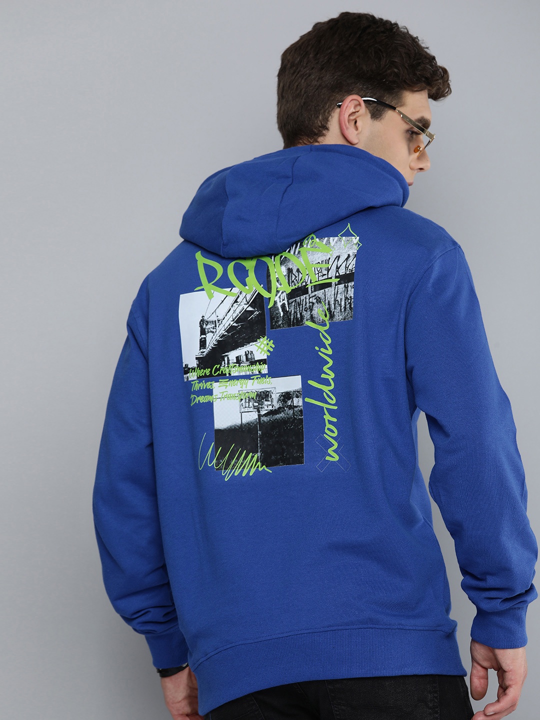 

R.Code by The Roadster Life Co. Men Graphic Printed Hooded Sweatshirt, Blue