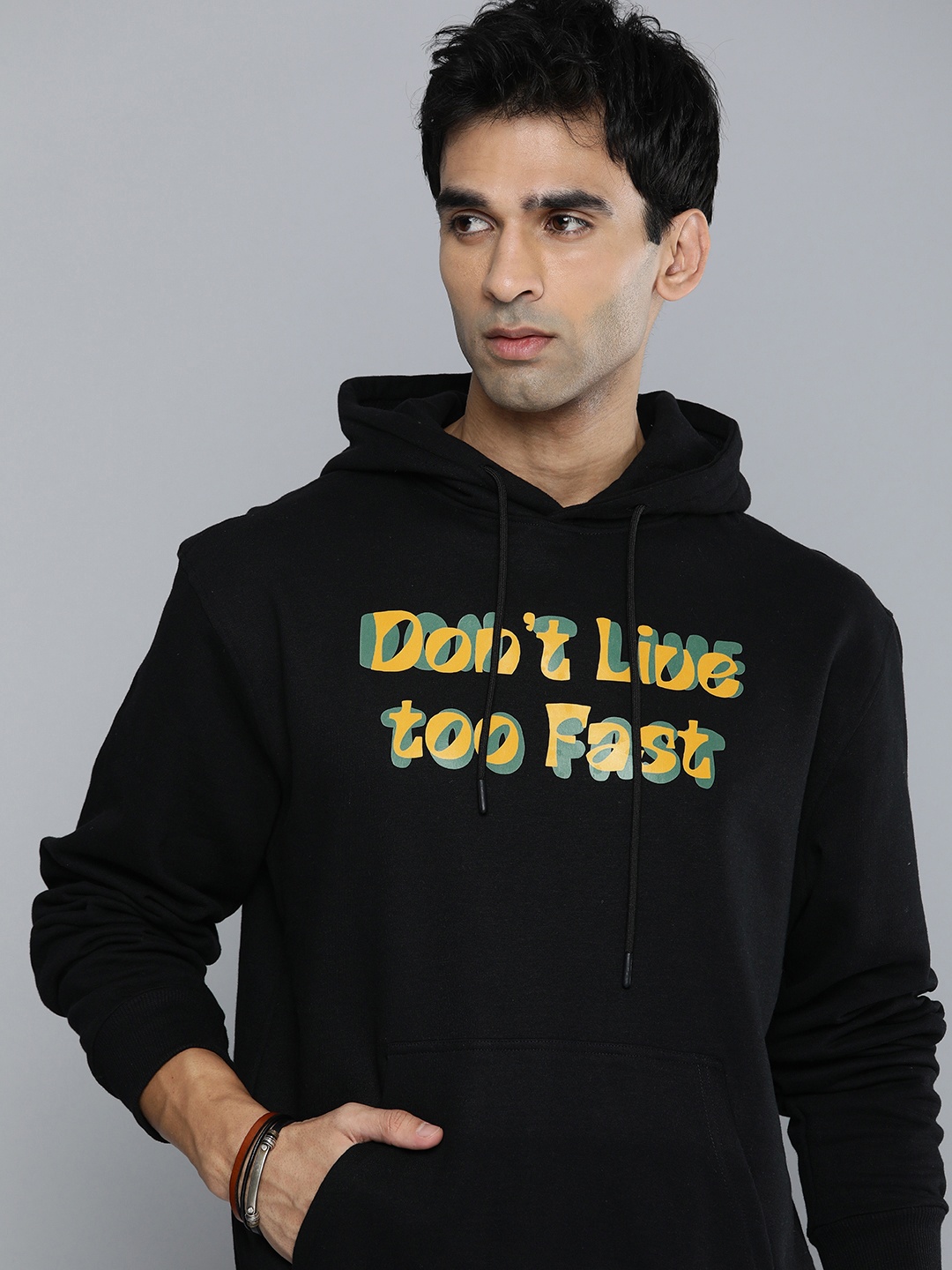 

R.Code by The Roadster Life Co. Men Typography Printed Hooded Sweatshirt, Black