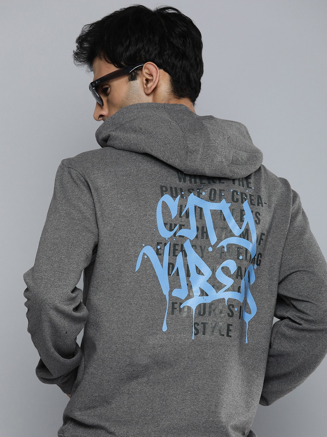 R.Code by The Roadster Life Co. Men Typography Printed Hooded Sweatshirt, Charcoal