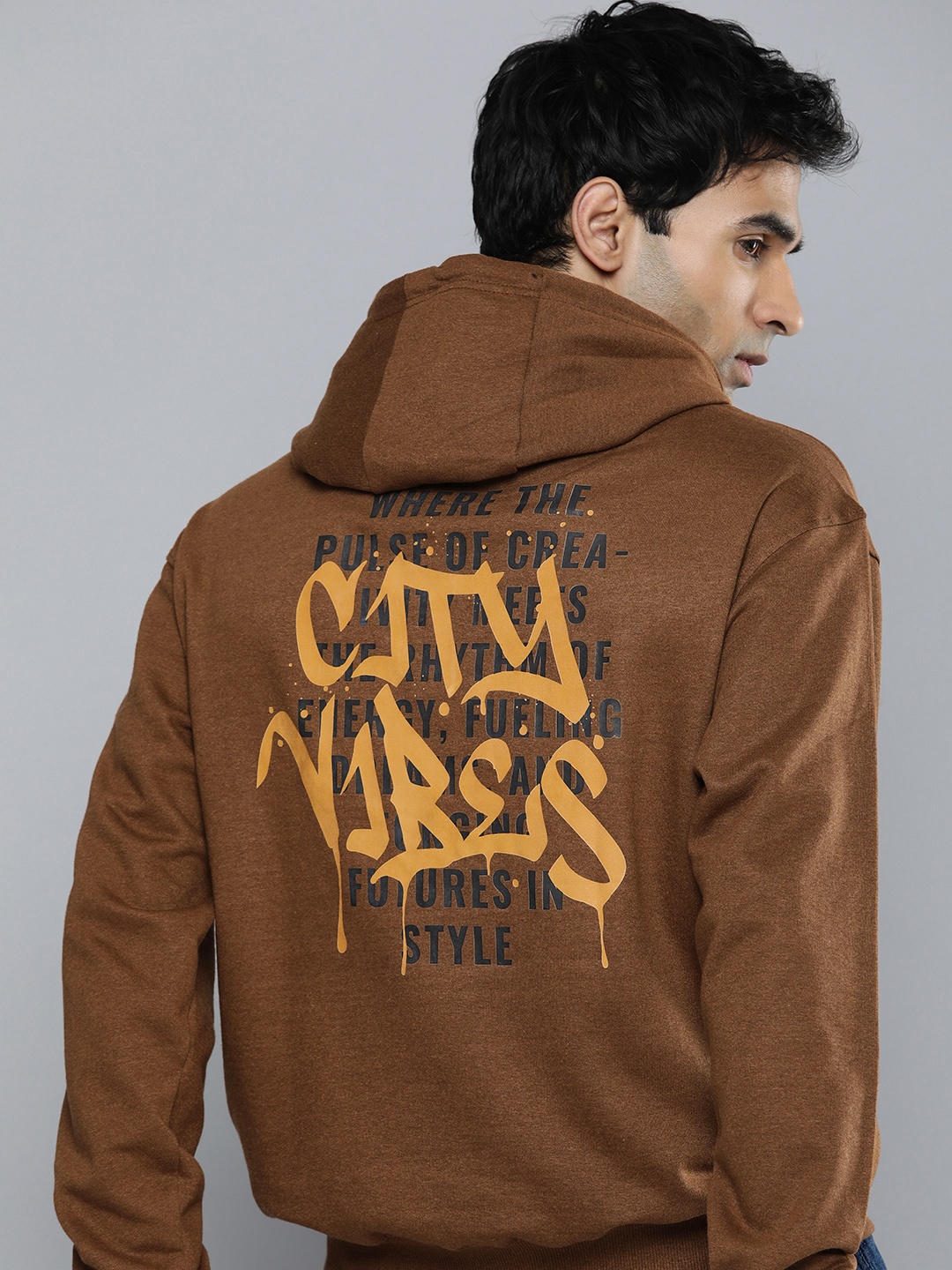 R.Code by The Roadster Life Co. Men Typography Printed Hooded Sweatshirt, Brown