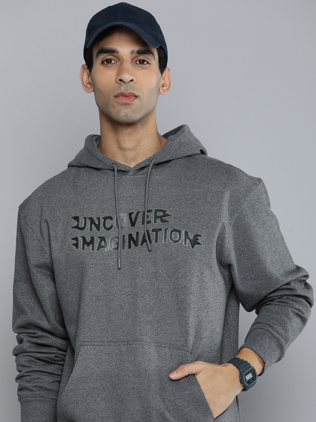 R.Code by The Roadster Life Co. Men Typography Printed Hooded Sweatshirt, Charcoal