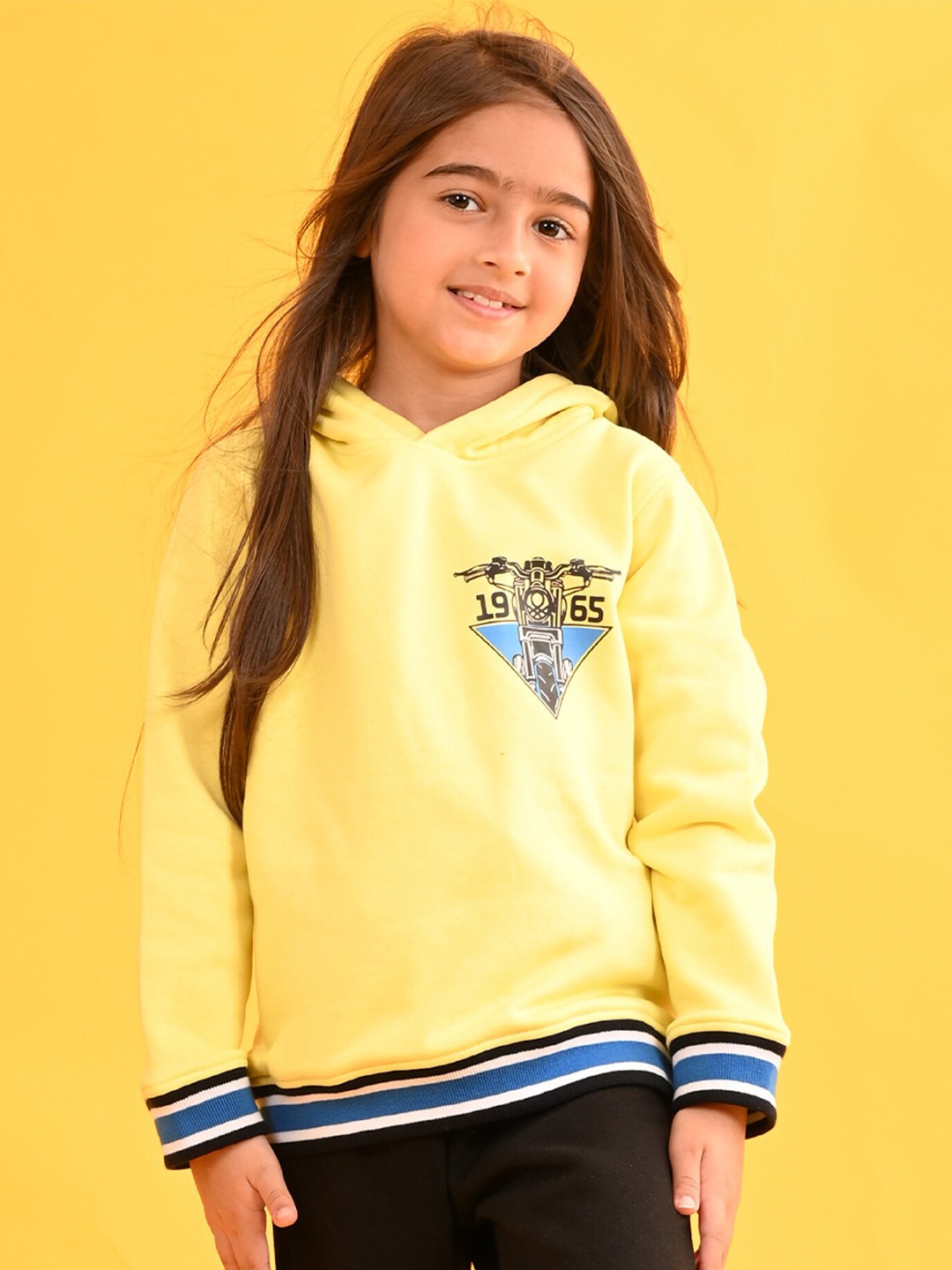 

Anthrilo Girls Graphic Printed Hooded Sweatshirt, Yellow