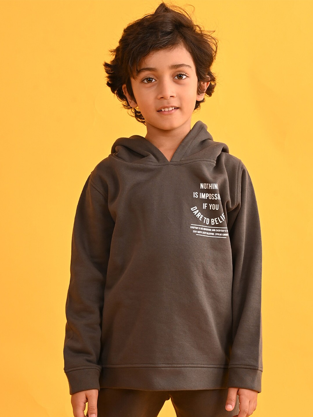 

Anthrilo Boys Typography Printed Hooded Fleece Pullover, Grey